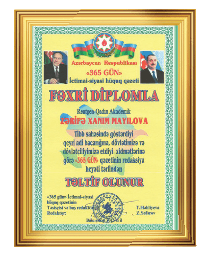 2013 cü ildə 365 gün qəzeti tərəfindən Fəxri diplomla təltif olunub