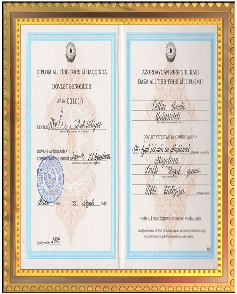 06.11.2011-ci il Zərifə xanımın "Odlar Yurdu" universitetinin Tibbi biologiya fakültəsini bitirib