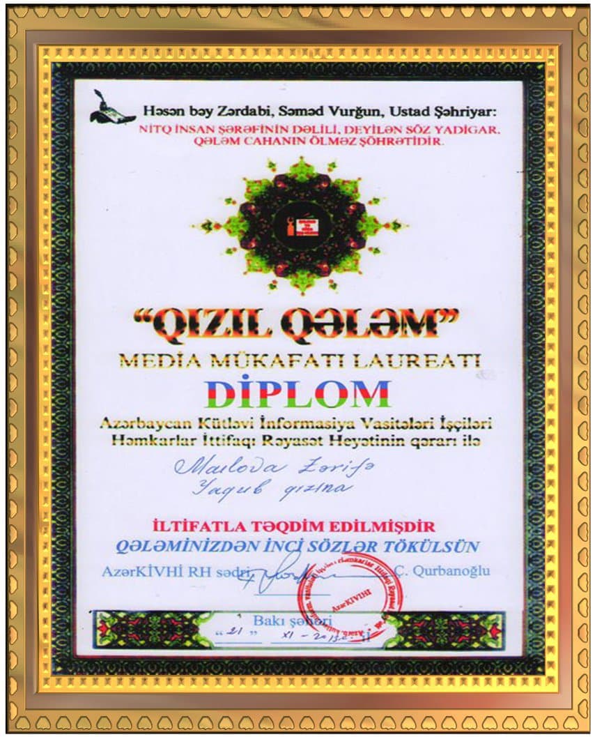 21.01.2012-ci ildə "Qızıl Qələm" media mükafatına layiq görülmüşdür